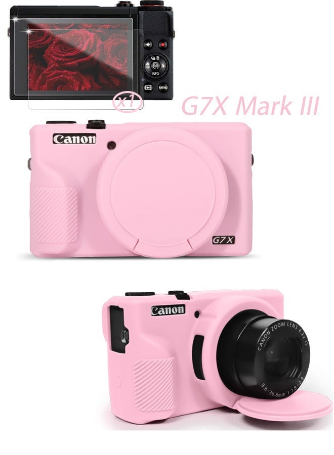 حافظة سيليكون مع واقي شاشة من الزجاج المقوى لكاميرا Canon Powershot G7 X Mark III الرقمية، غطاء واقي ناعم من السيليكون مع غطاء عدسة قابل للإزالة ومضاد للانزلاق والخدش، لون وردي تيفاني - Image 1